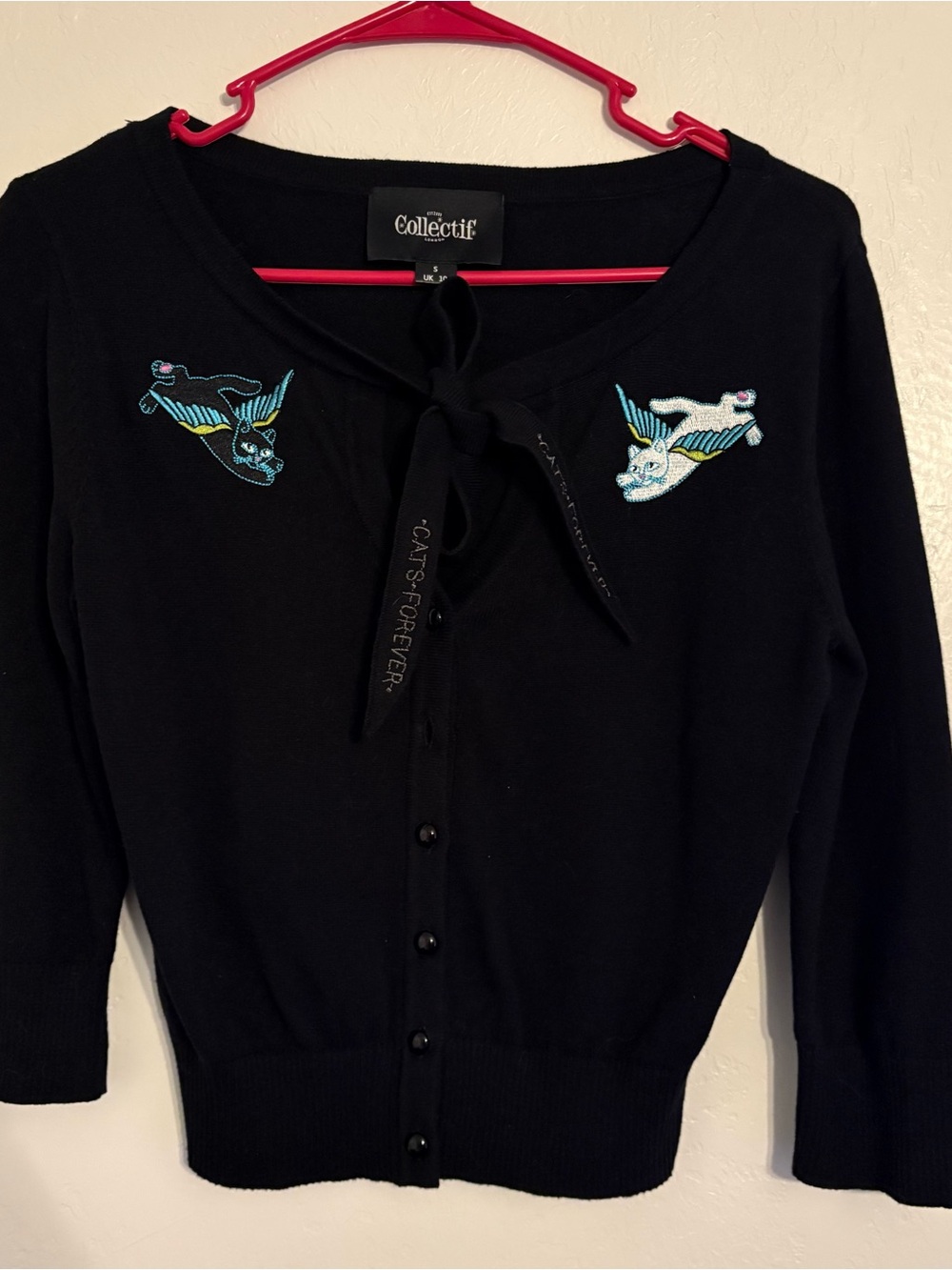 Collectif vintage Black Knit Embroidered Cat Bow Button-Front Cardigan Size S